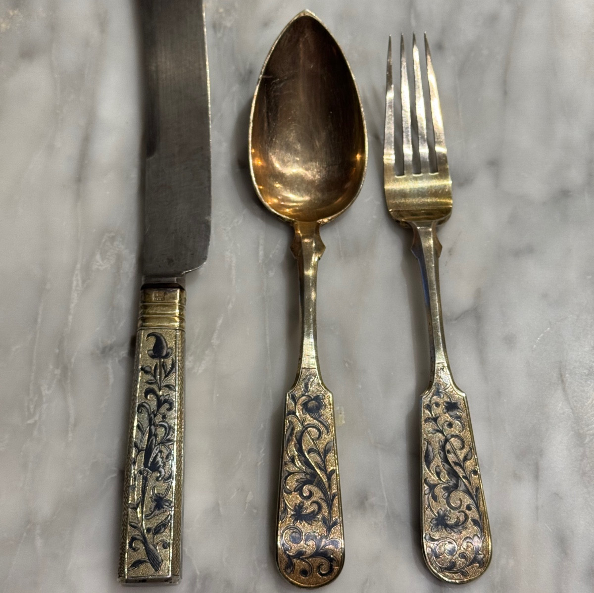 Niello Silver-gilt Travel Cutlery Russia 1845