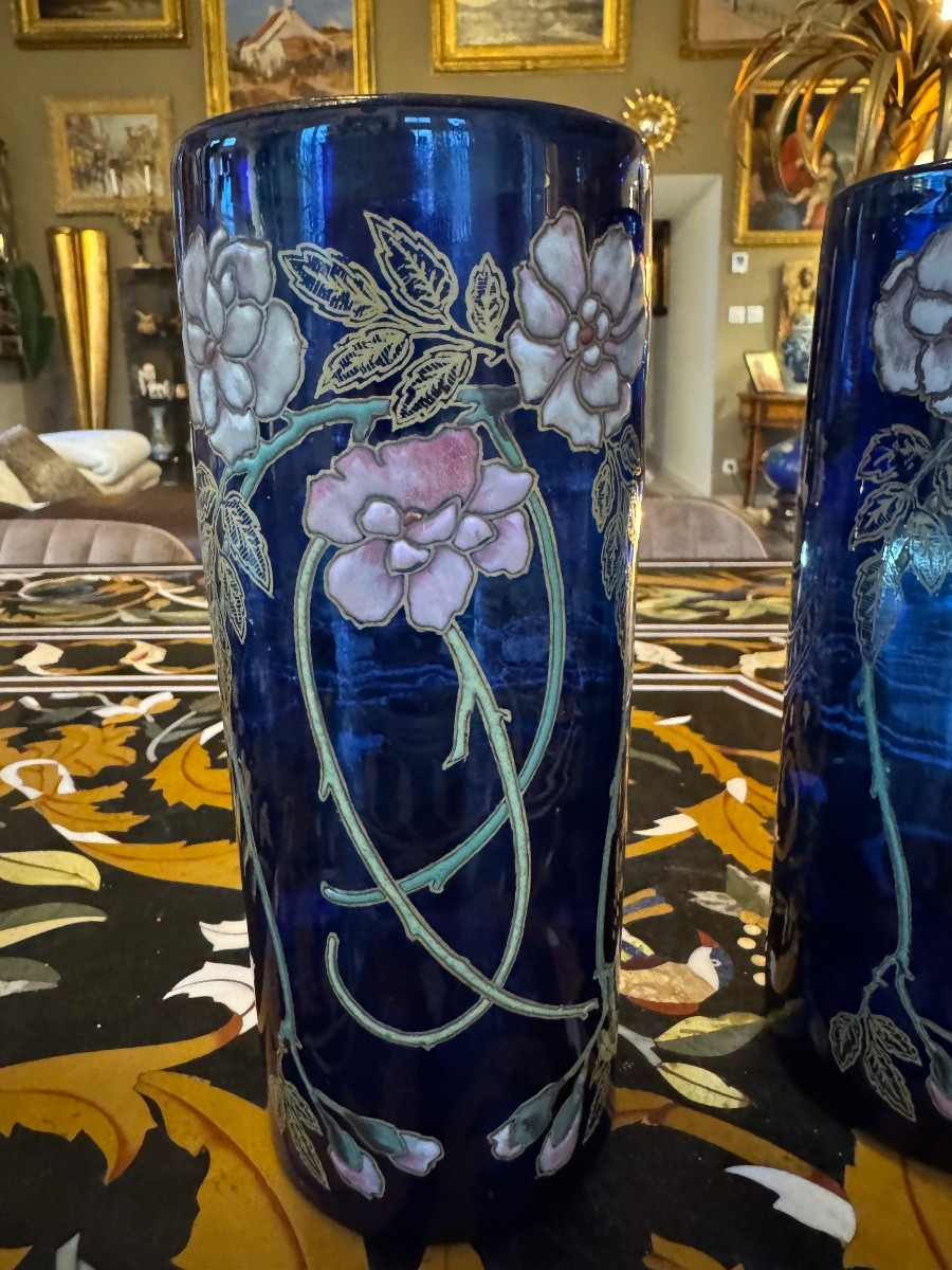 Pair Of Enamelled Vases By François Théodore Legrand Circa 1900-photo-2