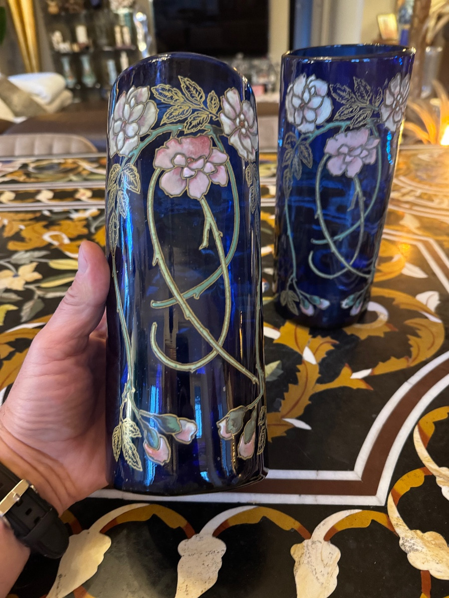 Pair Of Enamelled Vases By François Théodore Legrand Circa 1900-photo-4