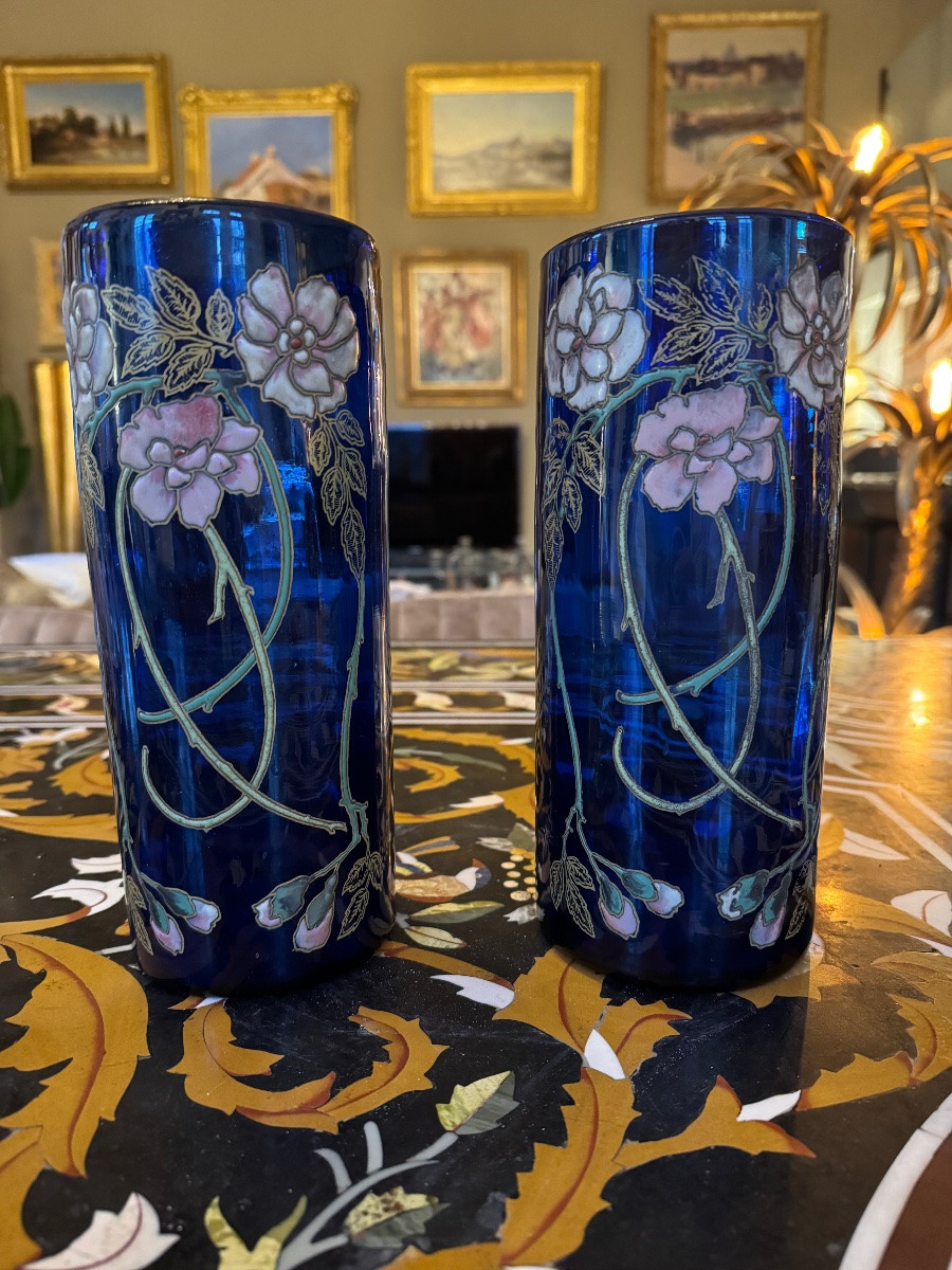 Pair Of Enamelled Vases By François Théodore Legrand Circa 1900-photo-1