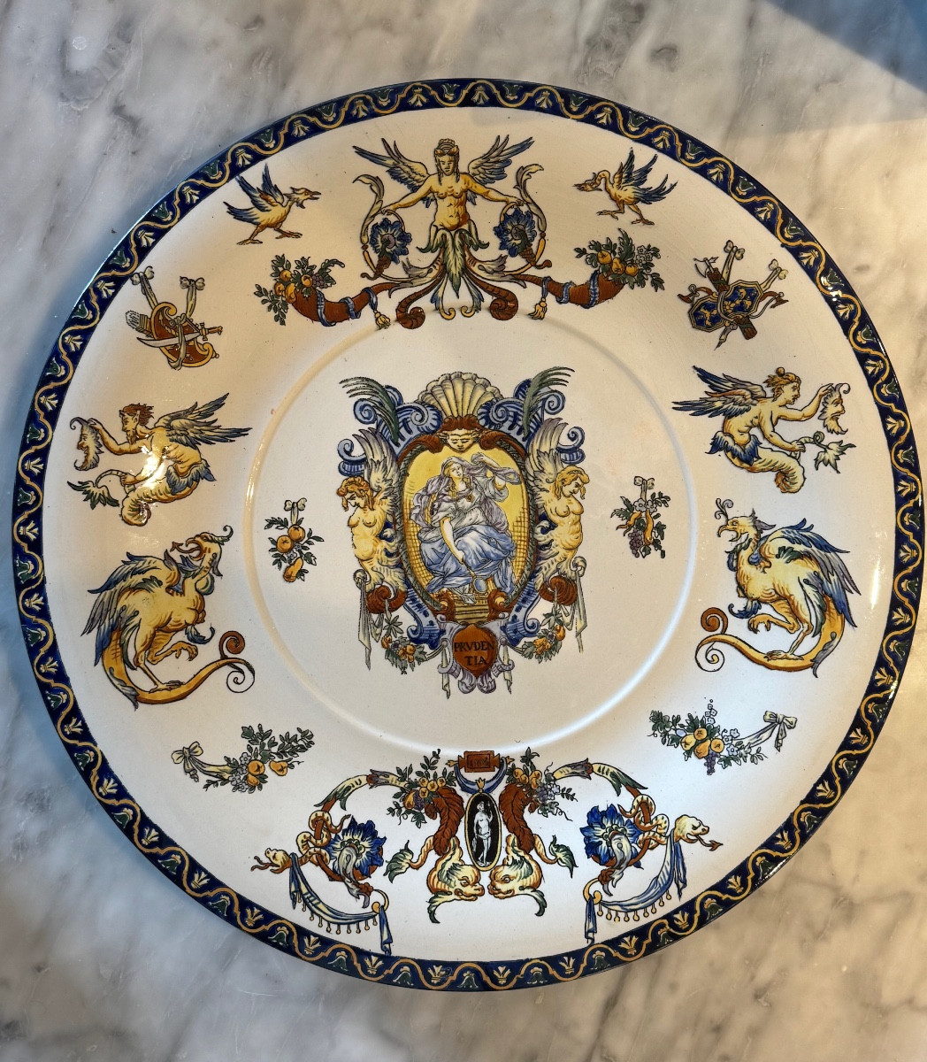 "large Gien Earthenware Dish With Renaissance Decor, Circa 1875