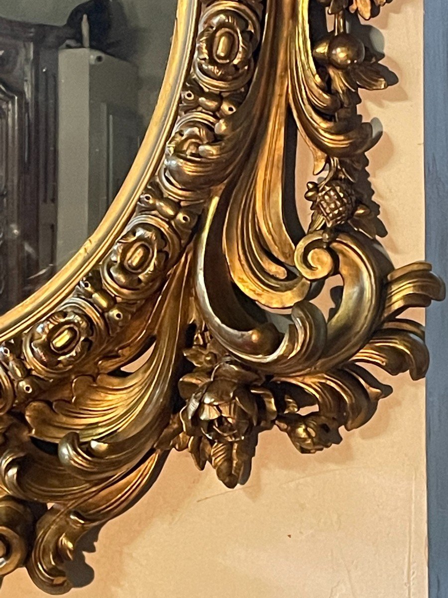 Grand Miroir Ovale De Palais Vénitien En Bois Sculpté Et Doré Du XIXème Siècle -photo-2