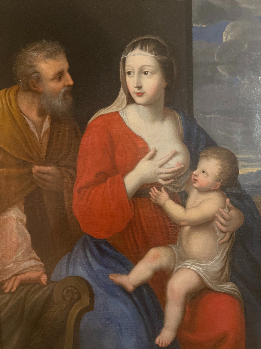 Ecole Flamande ou Italienne du XVIIème siècle "*Sainte Famille avec la Vierge allaitant"-photo-4