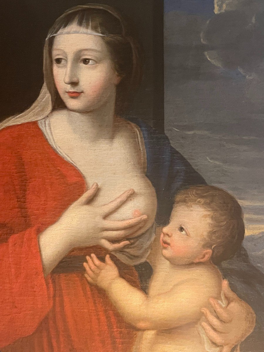 Ecole Flamande ou Italienne du XVIIème siècle "*Sainte Famille avec la Vierge allaitant"-photo-4