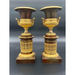 Pair Of Charles X Cassolettes In Patinated Bronze And Gilded With Gold