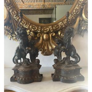 Pair Of Lamp Feet In Cast Iron Decor Lions Nineteenth