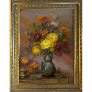 Grand Tableau De Fleurs Vers 1900 Huile Sur Toile Signe L.sauget