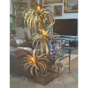 3 Palm Tree Floor Lamp By Barbier, Maison Jansen In Brass Circa 1970