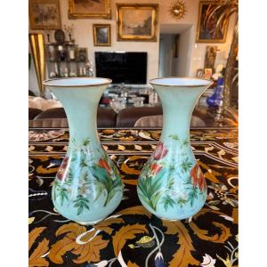 Baccarat: Pair Of Celadon Green Opaline Vases With Floral Decor 