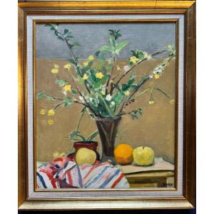 Tableau De René Ruby (1908-1983) Bouquet De Fleurs Aux Fruits