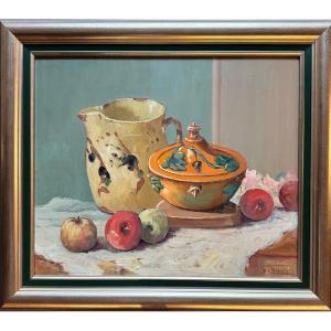 Tableau De Florent Chade (1896-1985) Nature Morte Aux Poterie Et Pommes