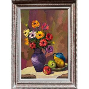 Painting By Lucien Quenard (1902-1995) Bouquet Of Flowers With Fruits