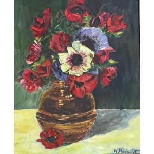 Painting By Nancie Poignant (1911-2000) Bouquet Of Anemones