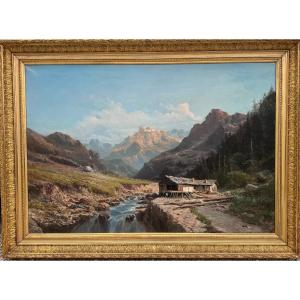 Grand Tableau D'Alfred Godchaux (1839-1907) Paysage De Montagne Dans Les Pyrénées 