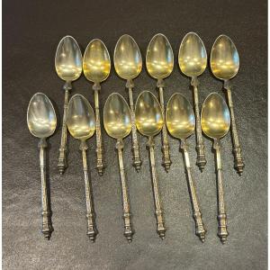 12 19th Century Sterling Silver Dessert Spoons 