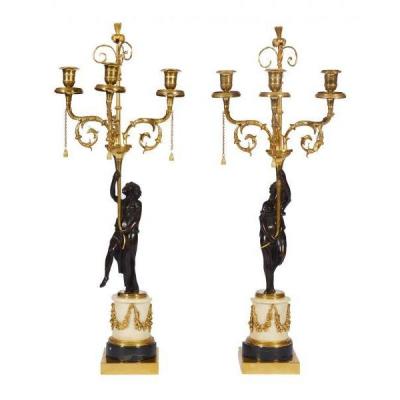 Pair Of Candelabra In Gilt Bronze With Three Arms Of Lights, Louis XVI Period