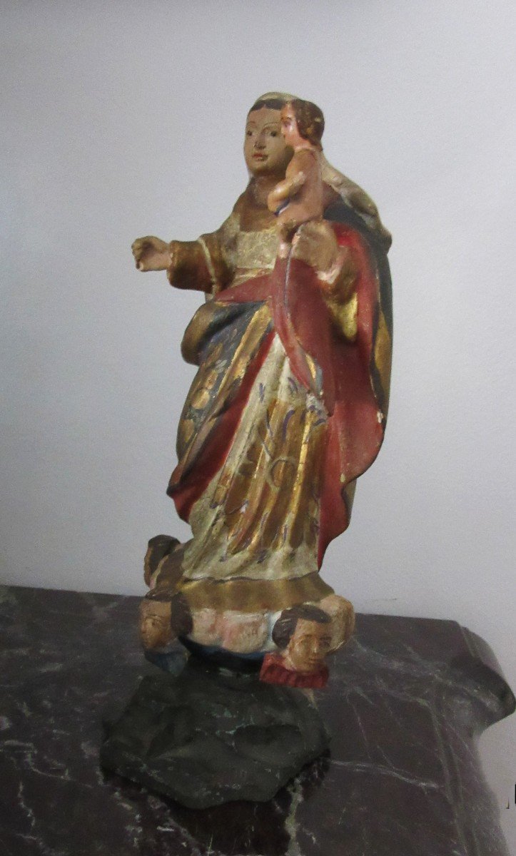 Statue "madonna And Child" In Polychrome Carved Wood Ep.18th-photo-2