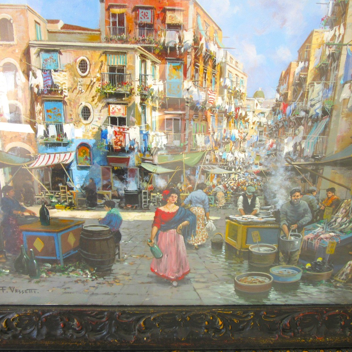 Oil Painting On Canvas "market Scene In Naples" Signed F. Vassetti-photo-3