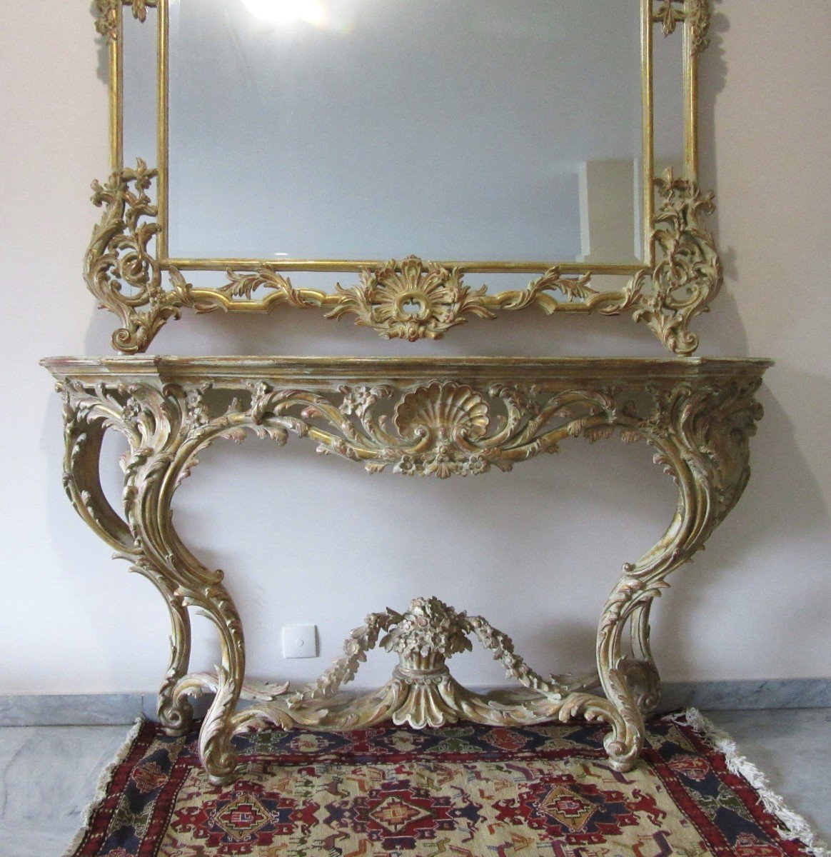 Ensemble Console Et Miroir En Bois doré Sculpté Et Patiné De Style Louis XV-photo-4