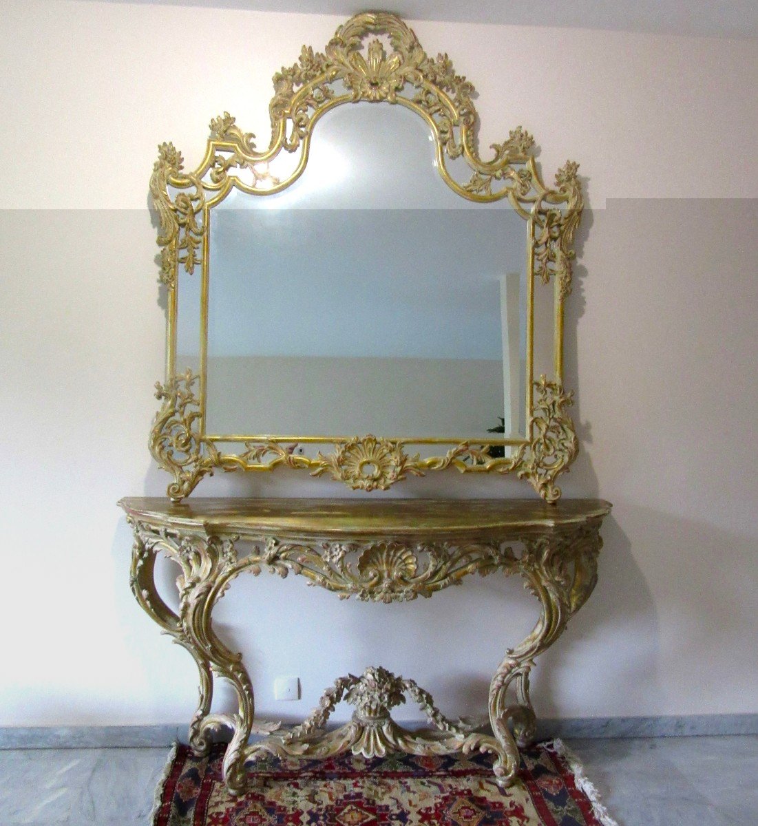 Ensemble Console Et Miroir En Bois doré Sculpté Et Patiné De Style Louis XV-photo-1