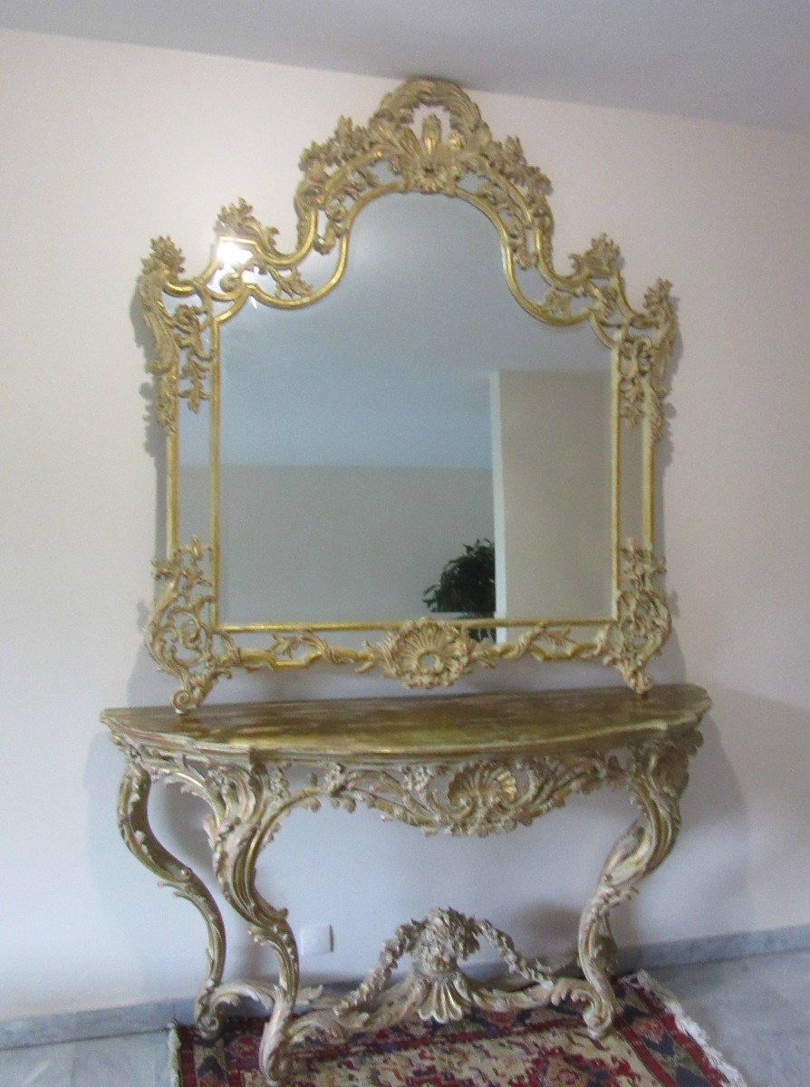 Ensemble Console Et Miroir En Bois doré Sculpté Et Patiné De Style Louis XV-photo-5