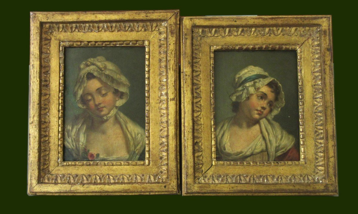 Pair Of Paintings "portraits Of Children" Oils On Panels