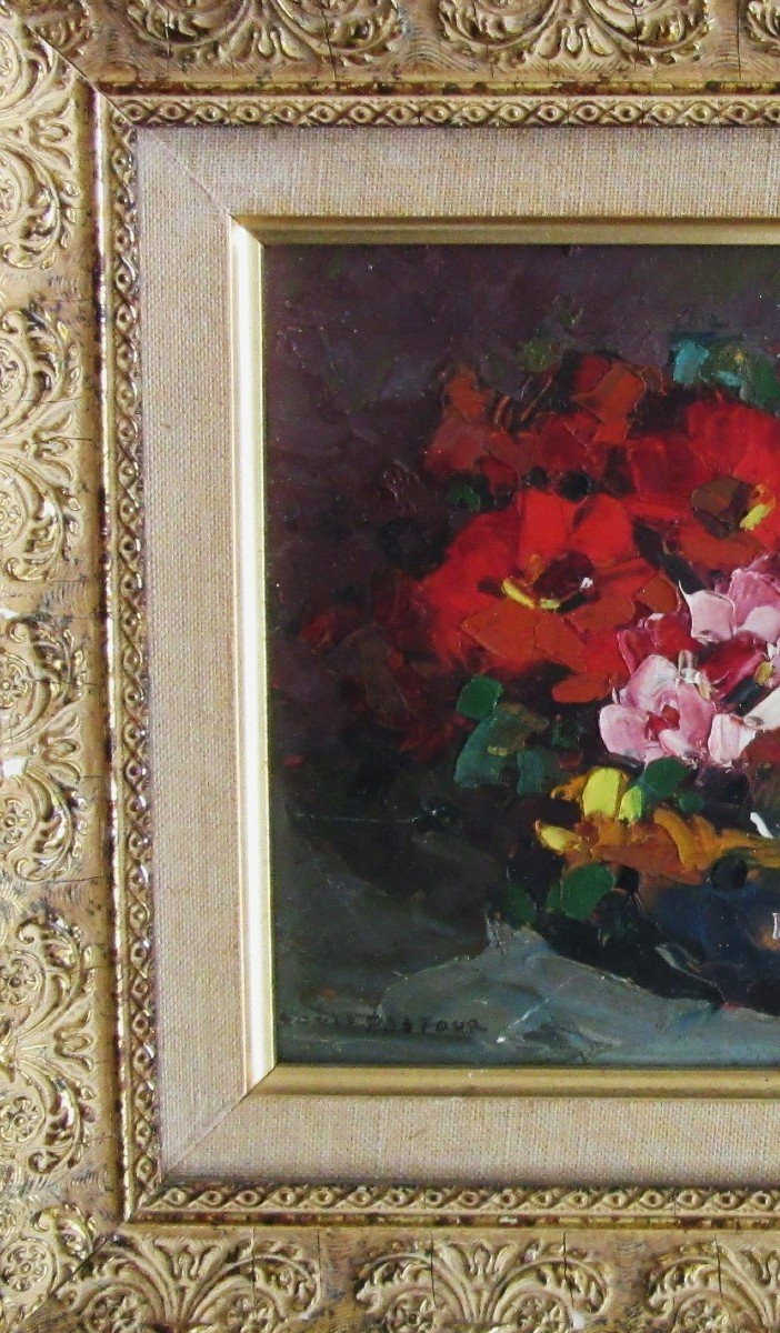 Oil Painting On Cardboard "bouquet Of Flowers" Sign Louis Pastour-photo-3