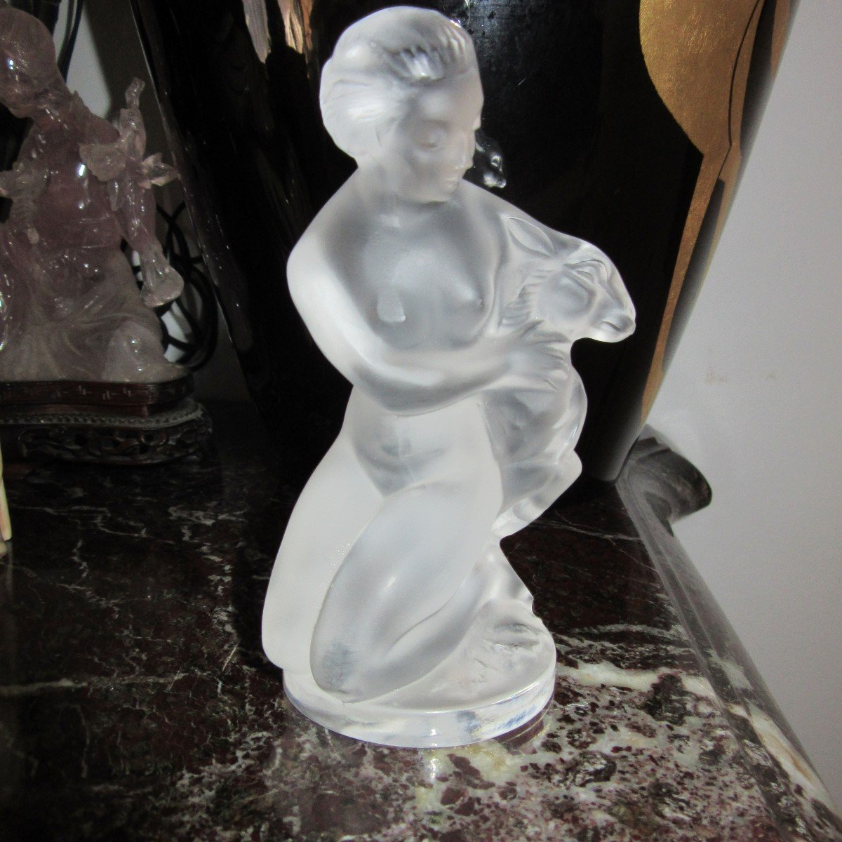 Lalique Crystal Statue "woman With Lamb"-photo-5