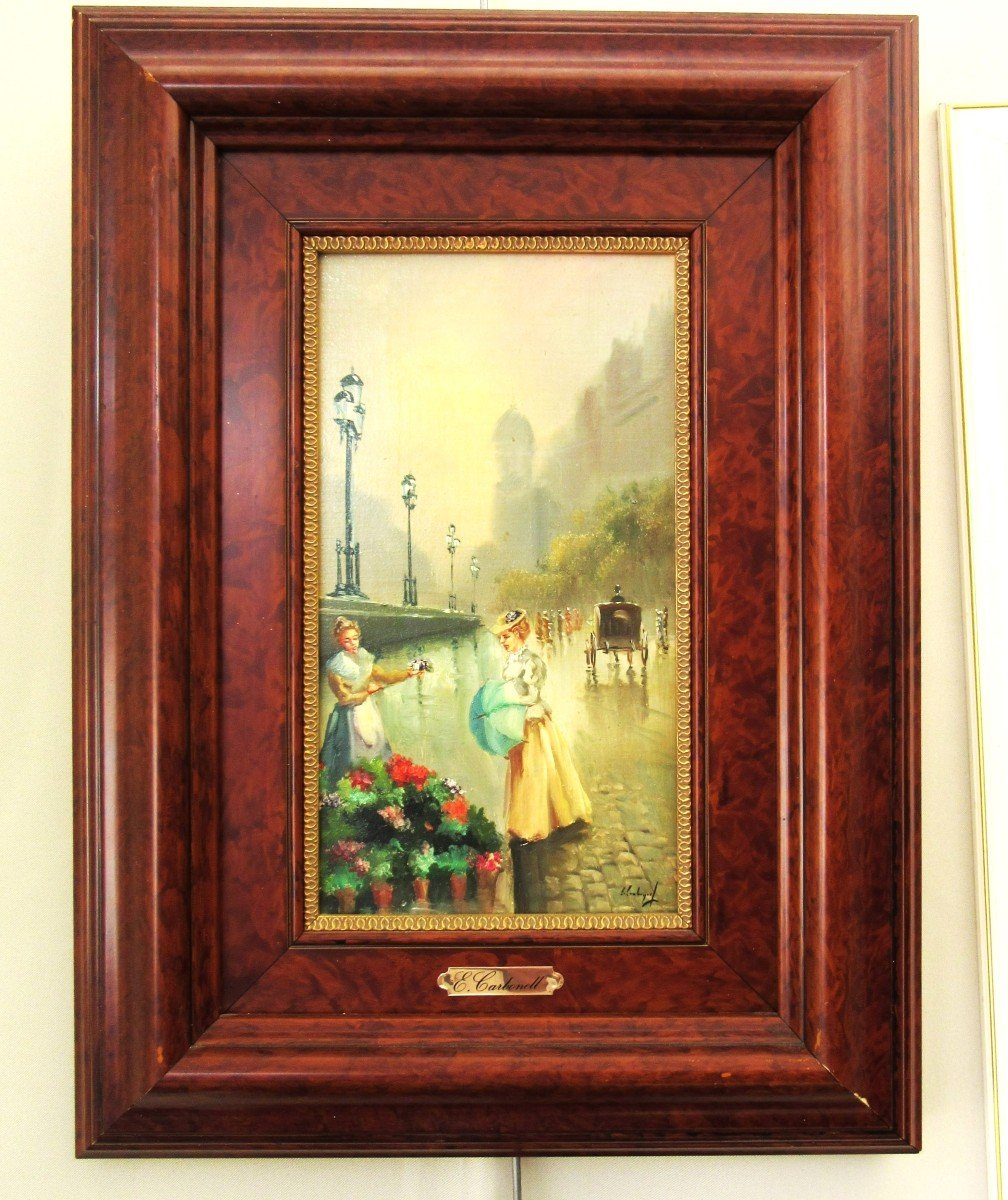 Pair Of Paintings "flower Market Scenes In Barcelona"-photo-2