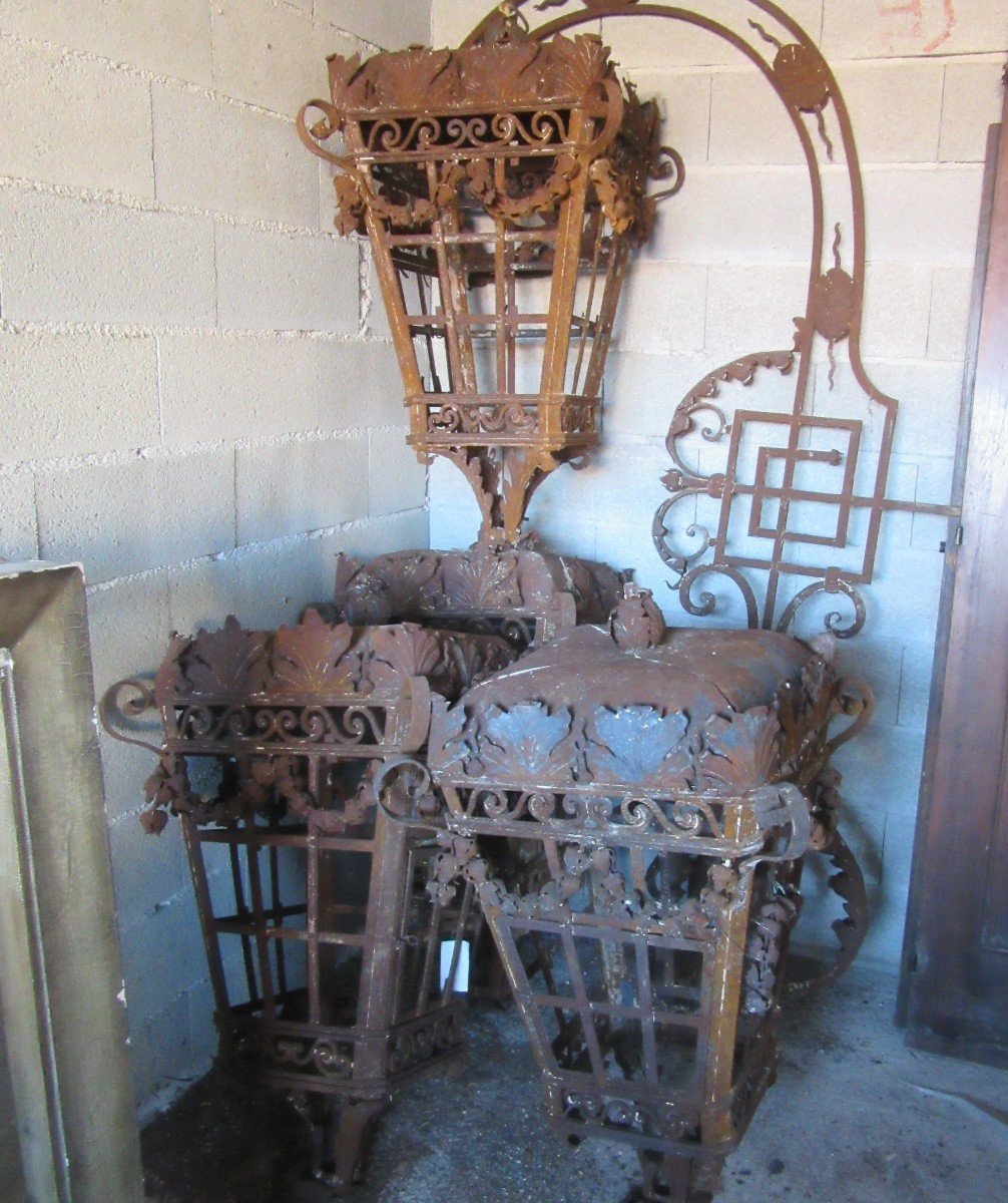 Series Of Four Large Wrought Iron Lanterns With Their Arms, 19th Century-photo-4