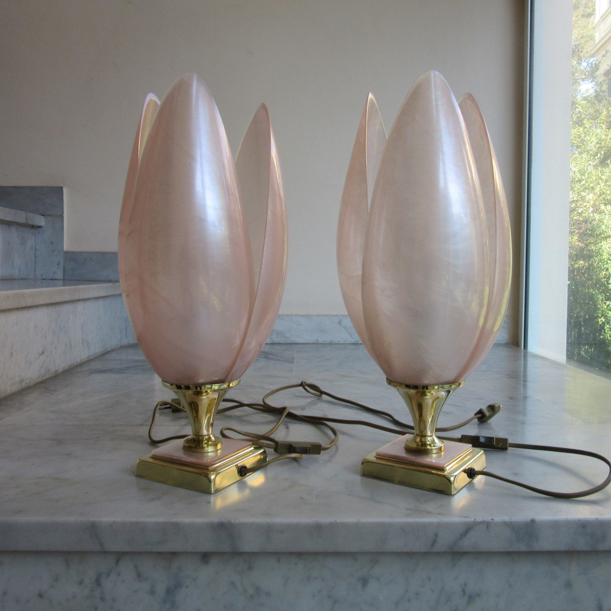 Pair Of Laurent Rougier Tulip Lamps, 20th Century-photo-3