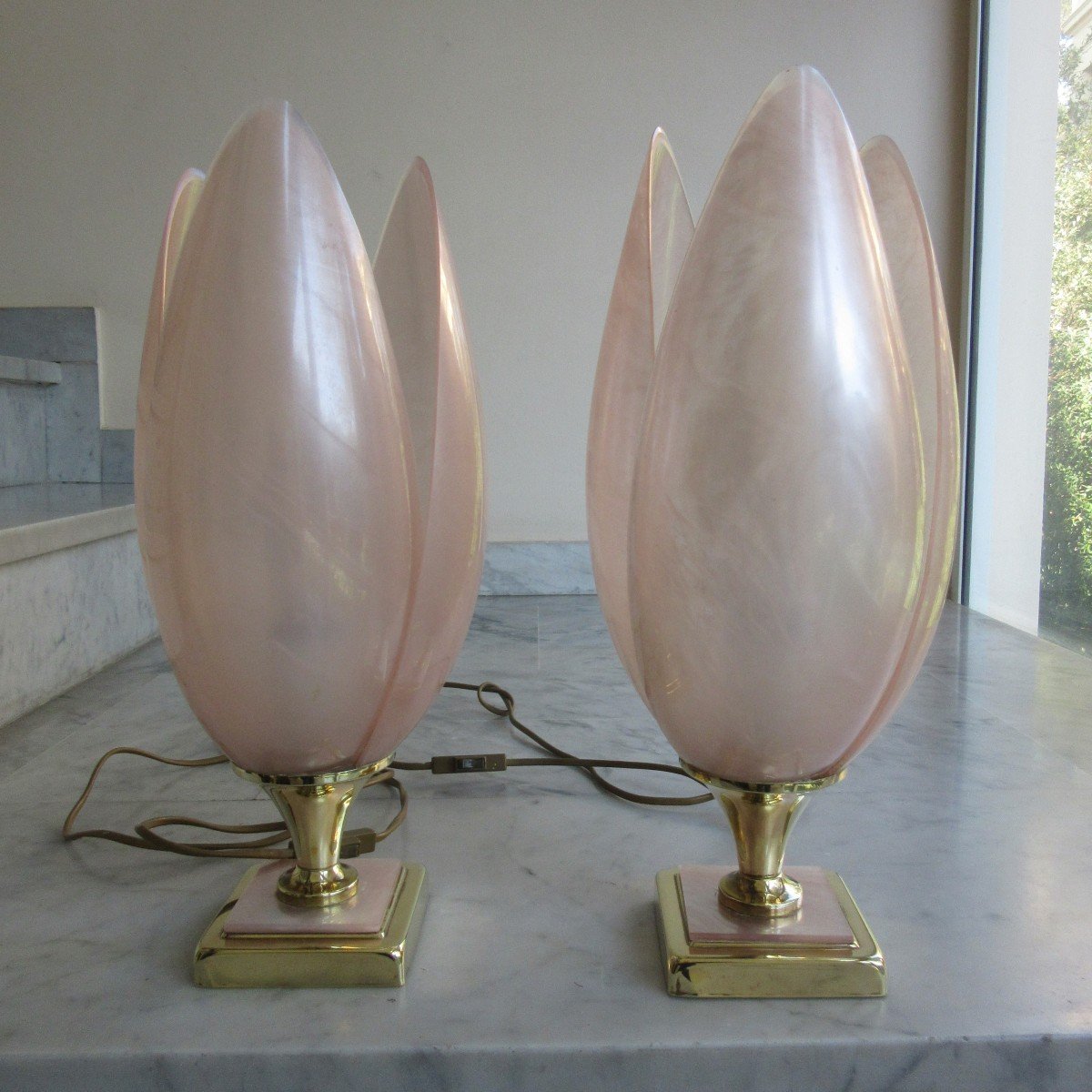 Pair Of Laurent Rougier Tulip Lamps, 20th Century-photo-1