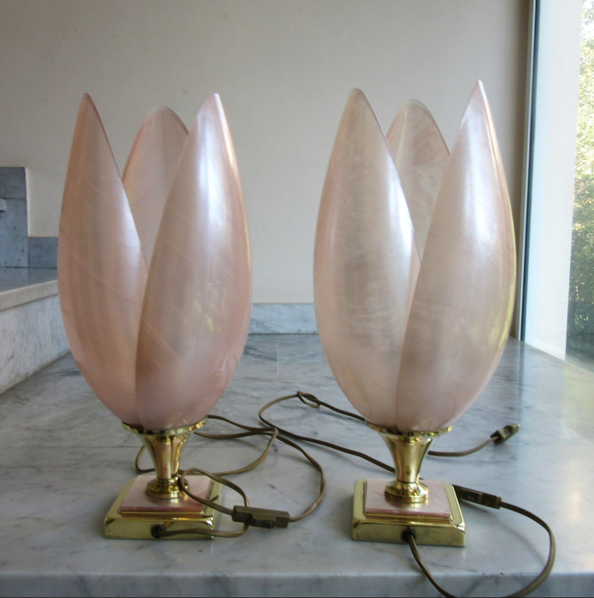 Pair Of Laurent Rougier Tulip Lamps, 20th Century-photo-2