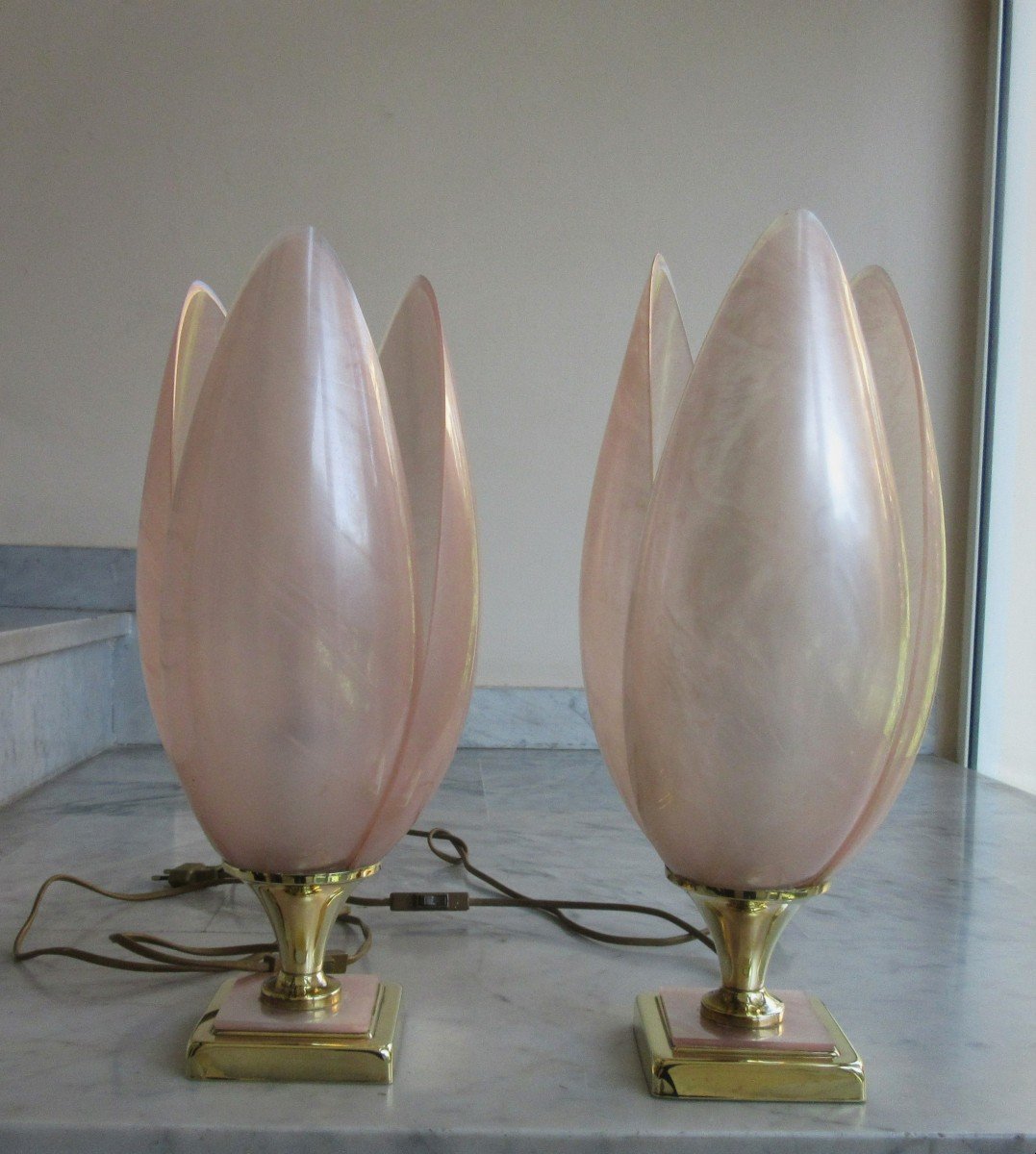 Pair Of Laurent Rougier Tulip Lamps, 20th Century-photo-4