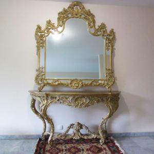 Console And Mirror Set In Carved And Patinated Gilded Wood In Louis XV Style