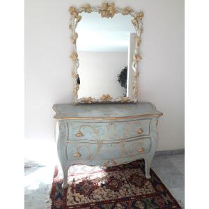 Painted Wood Chest Of Drawers And Mirror Set
