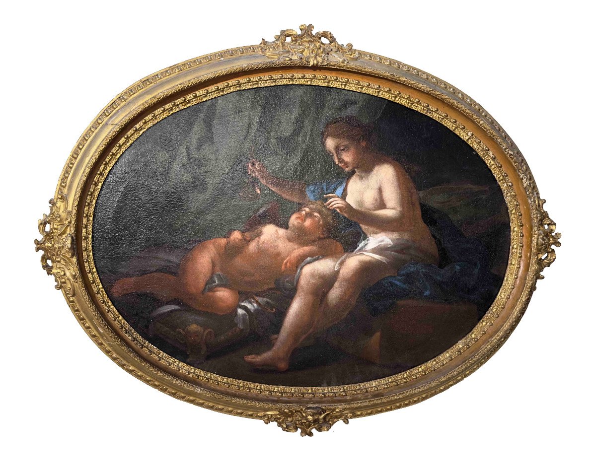 Early 18th Century Oval Painting Venus And Cupid -photo-2