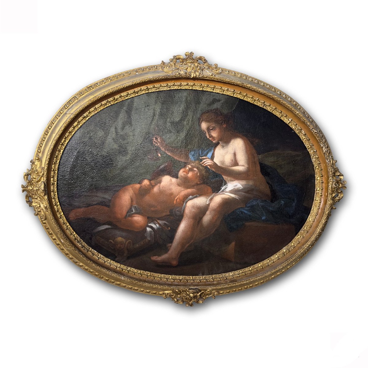 Early 18th Century Oval Painting Venus And Cupid 