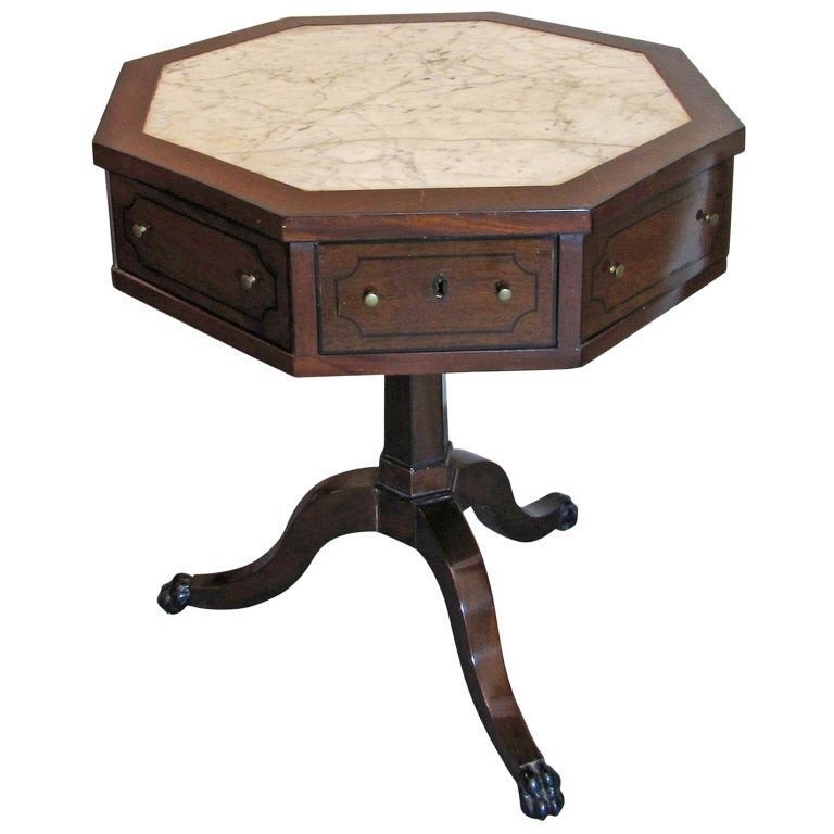 Charles X Octagonal Coffee Table In Mahogany And White Marble-photo-2