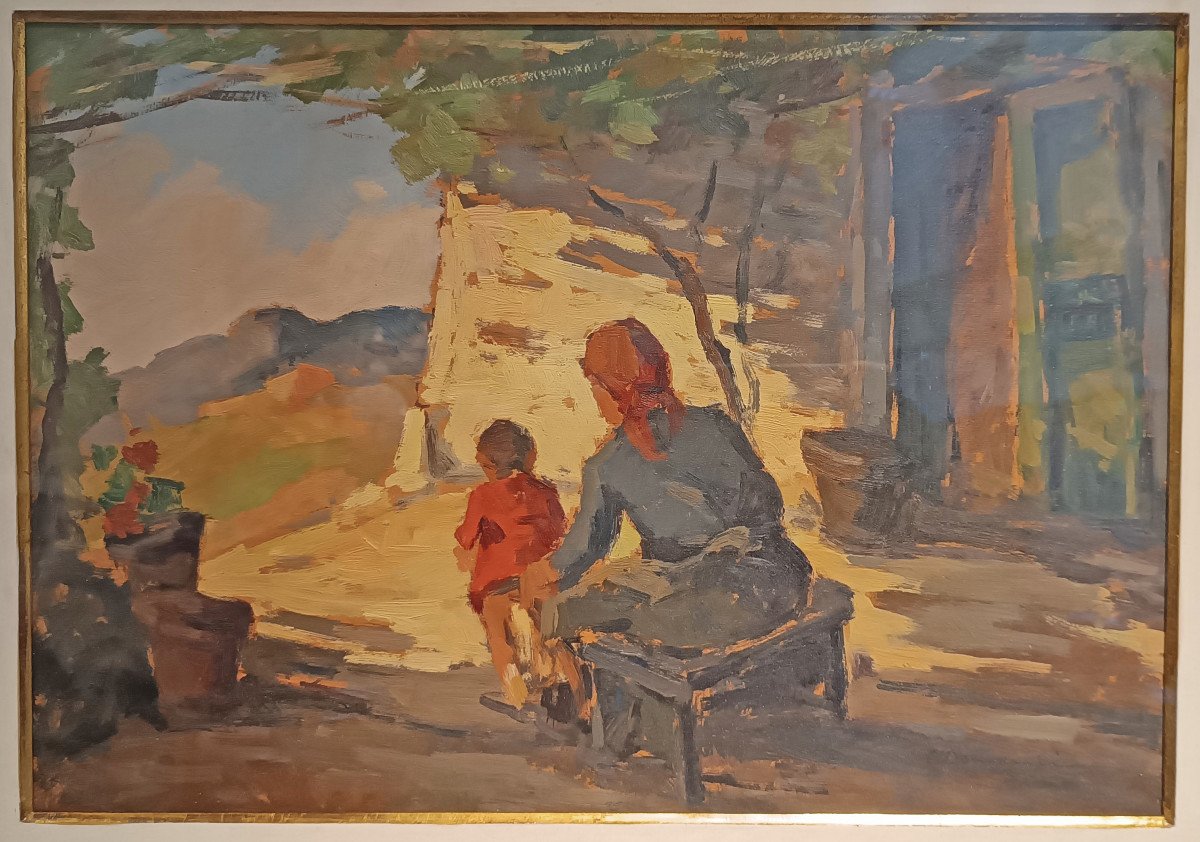 20th C. Carlo Domenici's Rural Scene With Woman And Child-photo-3