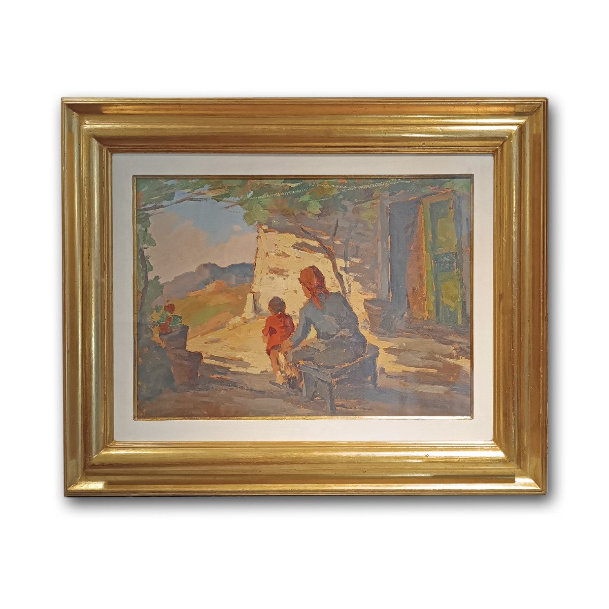 20th C. Carlo Domenici's Rural Scene With Woman And Child