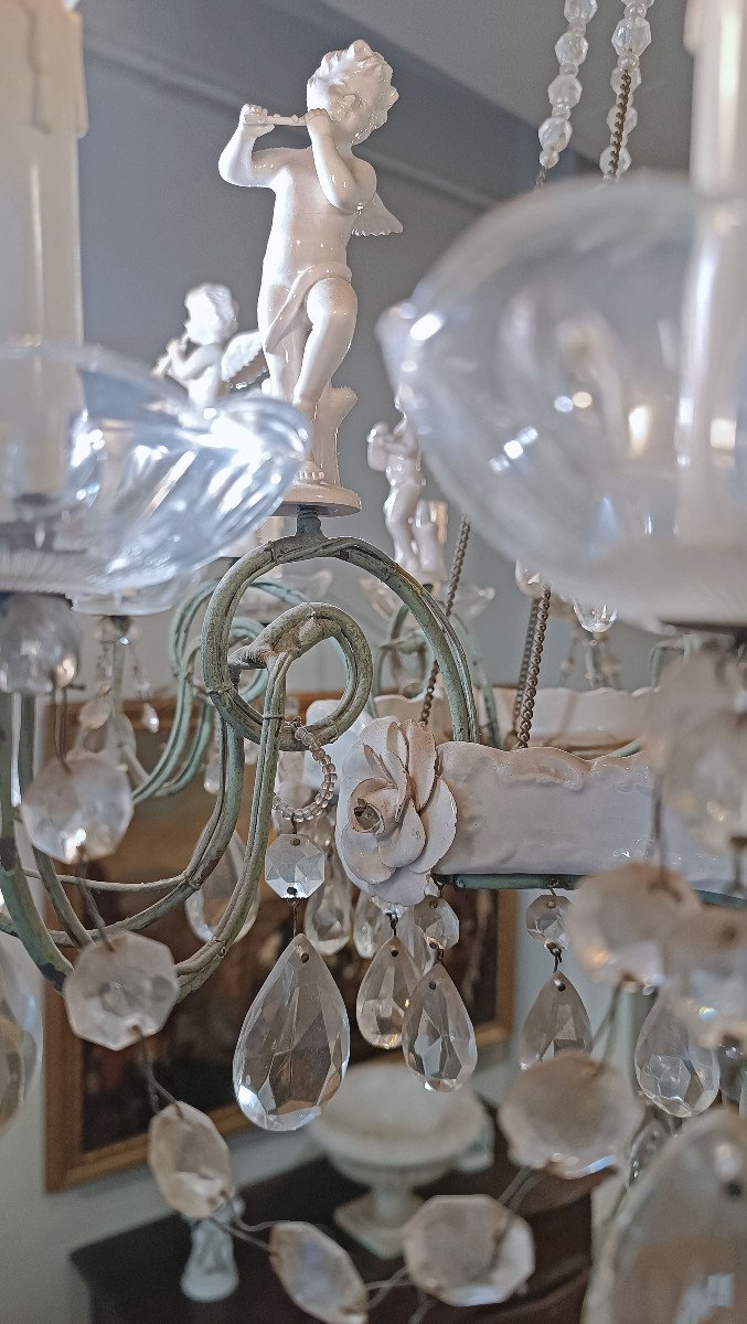 Early 19th Century Chandelier In Crystal And Porcelain -photo-3