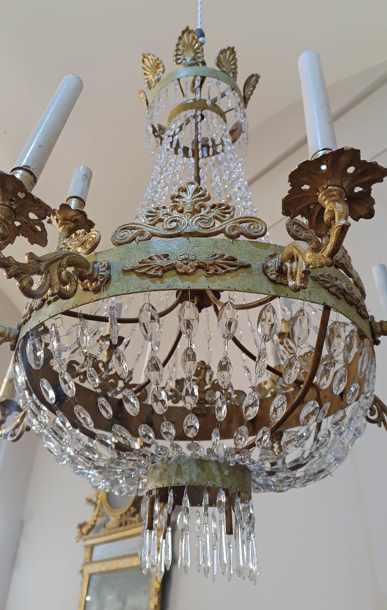 Early 19th Century Empire Tundish Chandelier In Iron And Crystals -photo-2