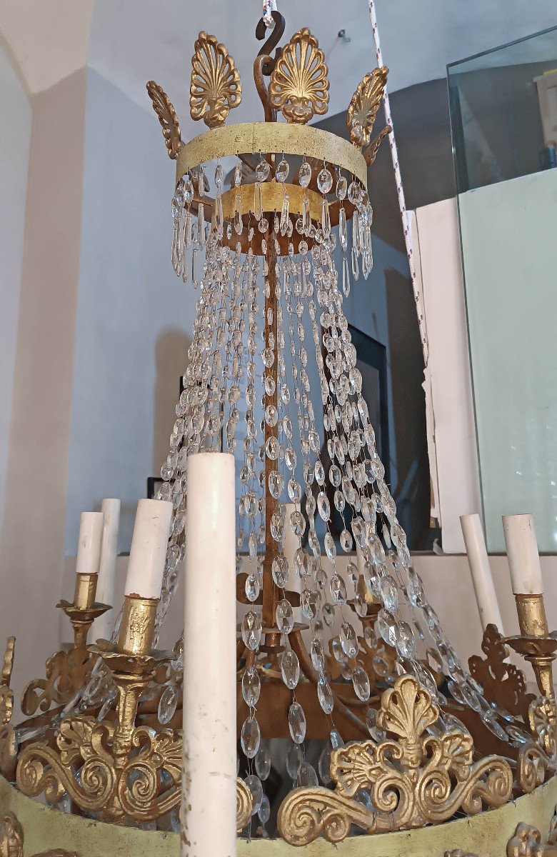 Early 19th Century Empire Tundish Chandelier In Iron And Crystals -photo-4