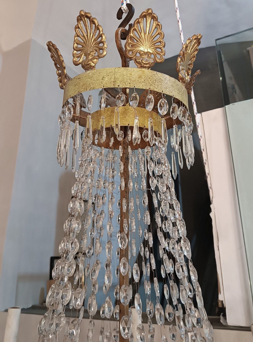 Early 19th Century Empire Tundish Chandelier In Iron And Crystals -photo-1