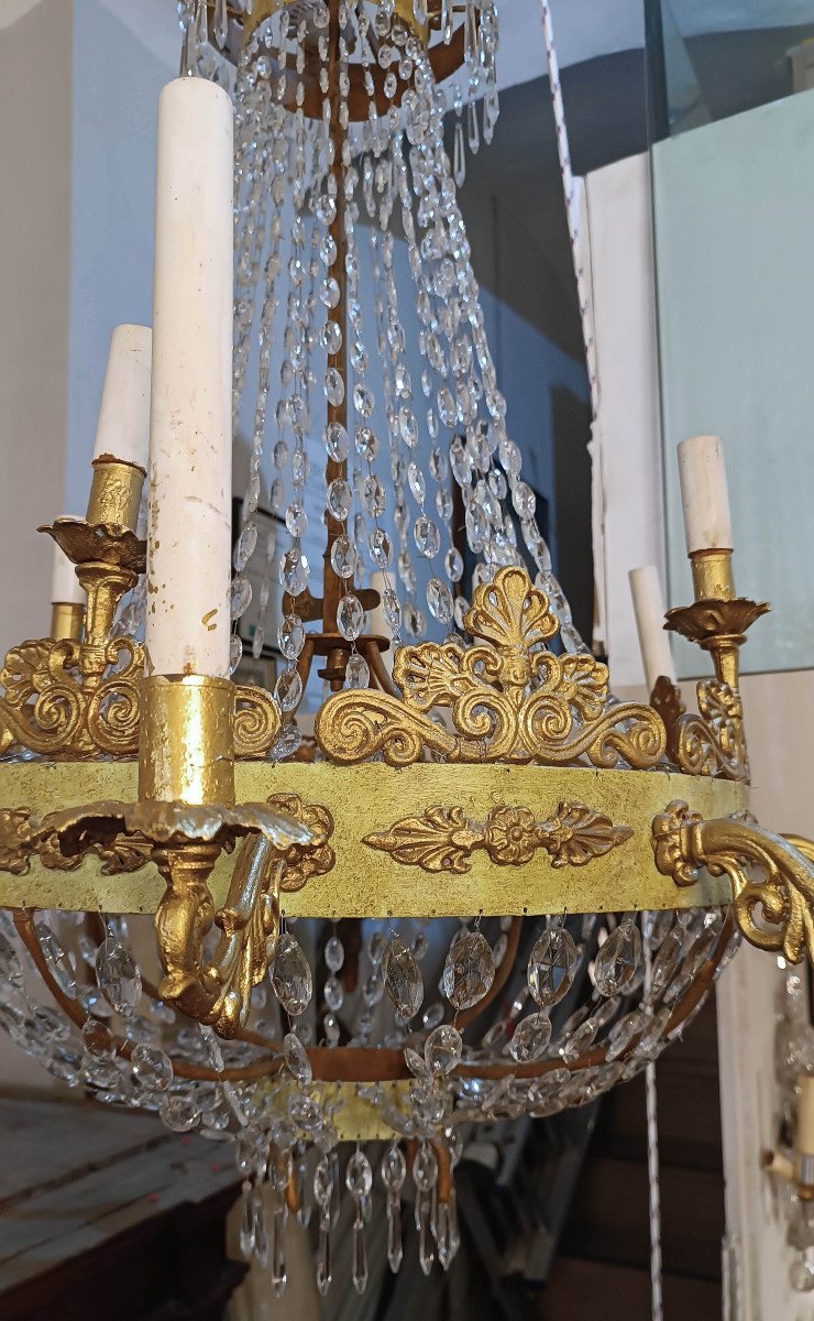 Early 19th Century Empire Tundish Chandelier In Iron And Crystals -photo-2