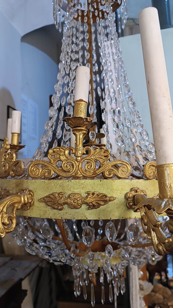 Early 19th Century Empire Tundish Chandelier In Iron And Crystals -photo-3