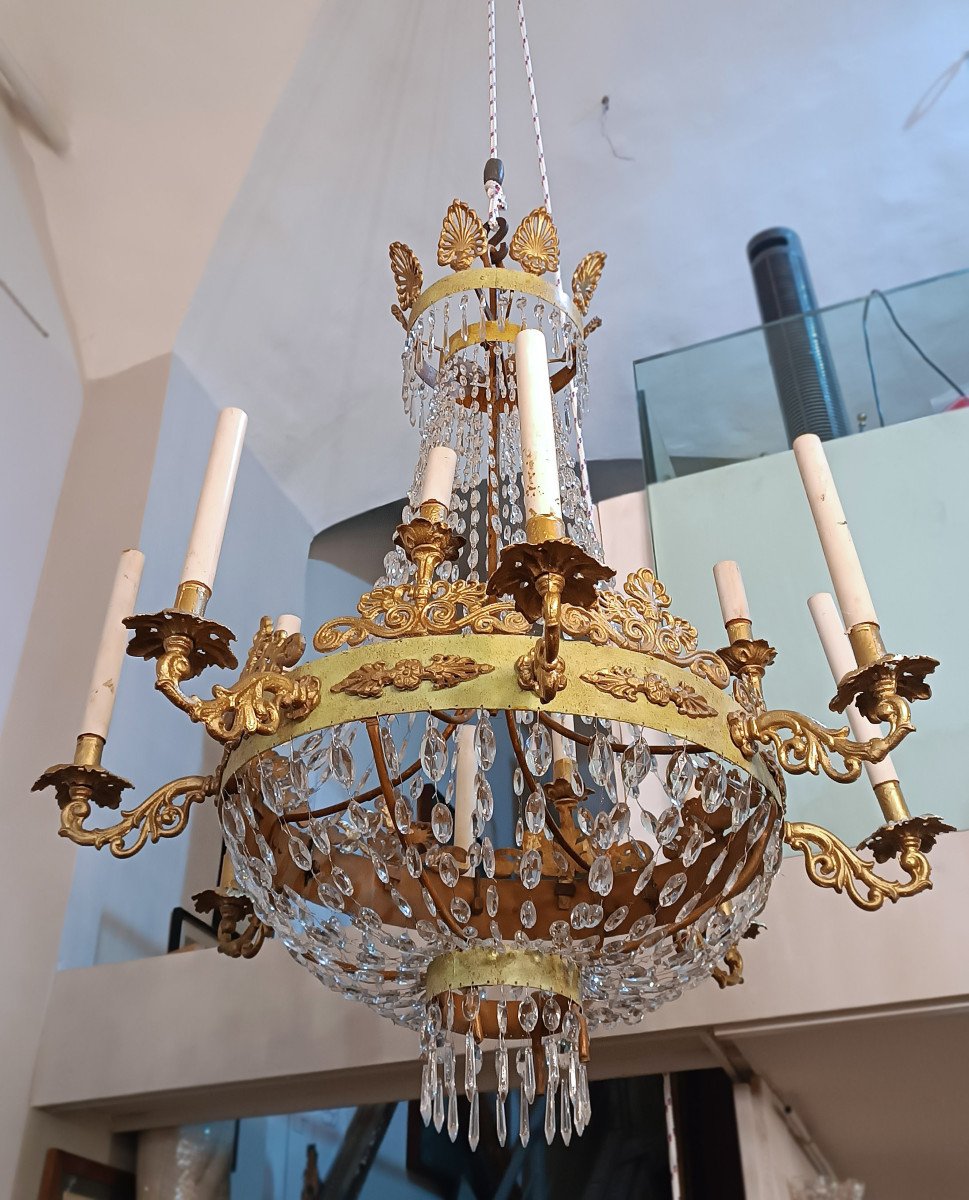 Early 19th Century Empire Tundish Chandelier In Iron And Crystals -photo-5