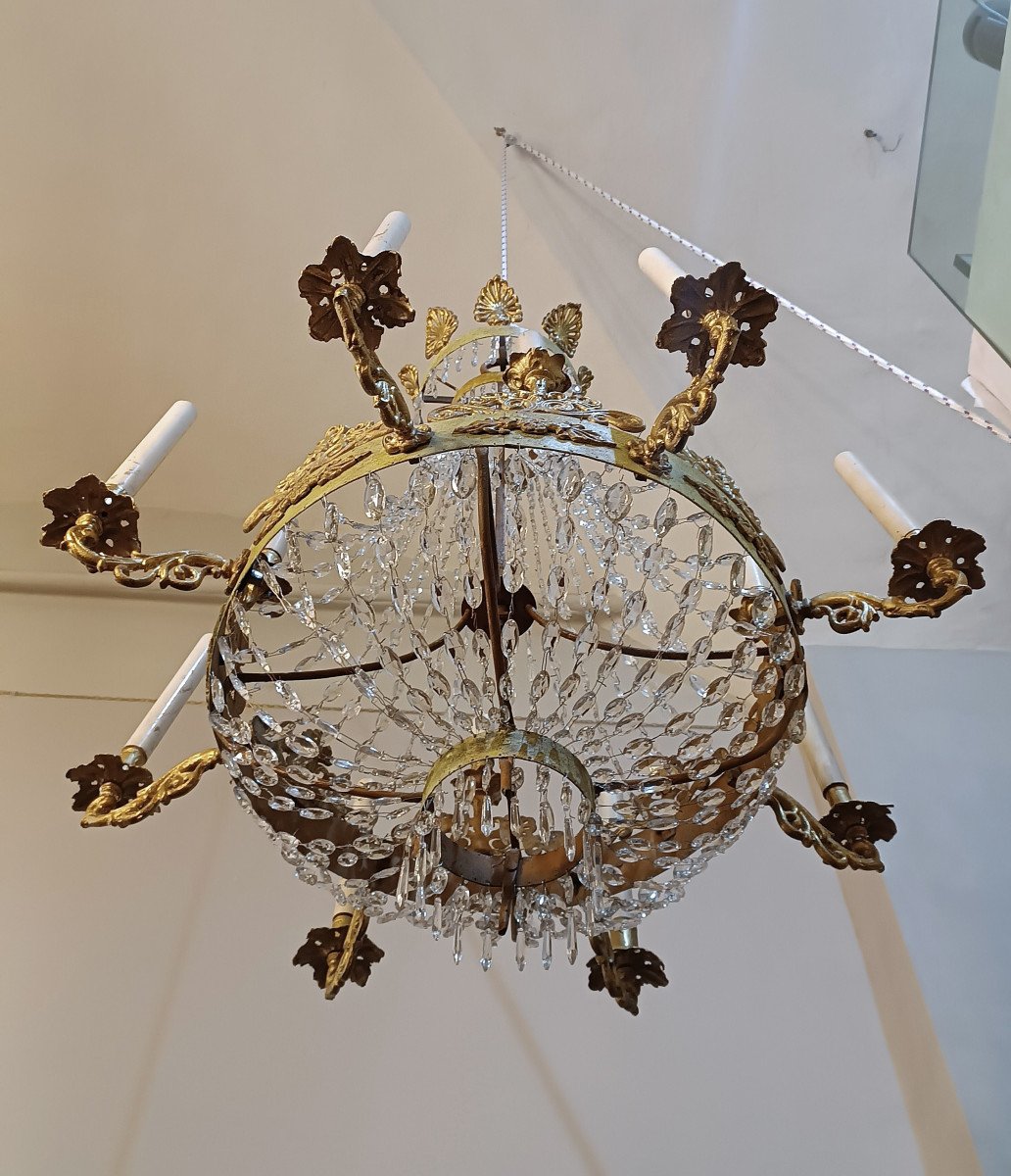 Early 19th Century Empire Tundish Chandelier In Iron And Crystals -photo-6