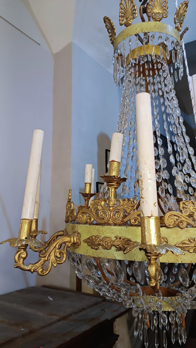 Early 19th Century Empire Tundish Chandelier In Iron And Crystals -photo-8